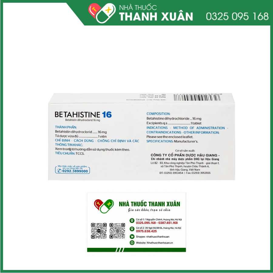 Betahistine 16 DHG điều trị chứng chóng mặt liên quan đến tiền đình