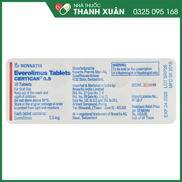 Certican 0.5 mg Thuốc chống đào thải tạng ghép của Thụy Sỹ