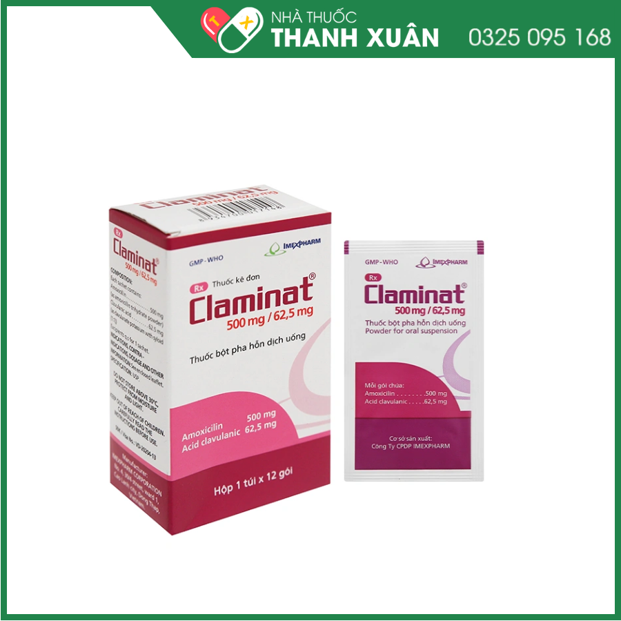 Bột pha hỗn dịch uống Claminat 500mg/62.5mg trị nhiễm khuẩn