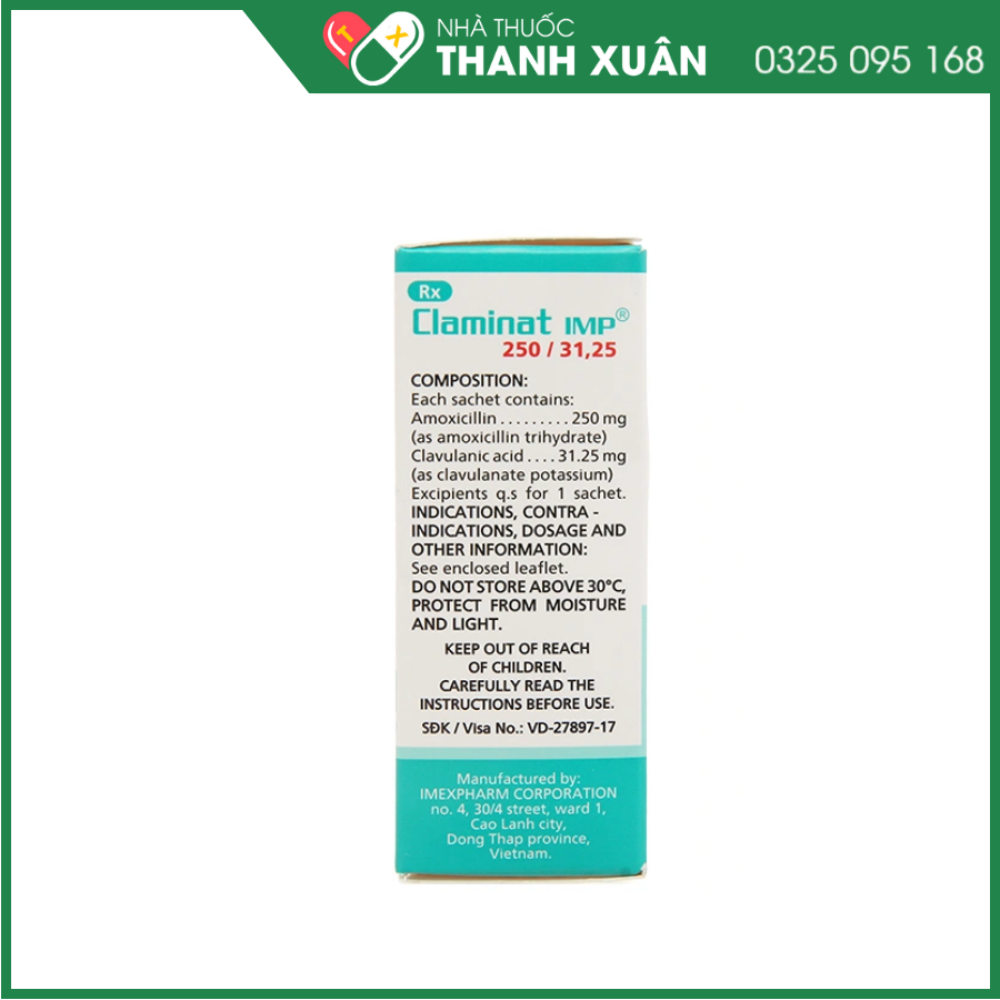 Bột pha hỗn dịch uống Claminat IMP 250/31.25 trị nhiễm khuẩn