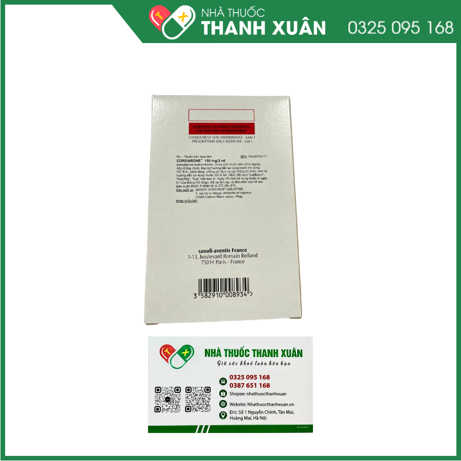 Thuốc tiêm Cordarone 150mg/3ml điều trị rối loạn nhịp tim nặng, hồi sinh hô hấp - tuần hoàn