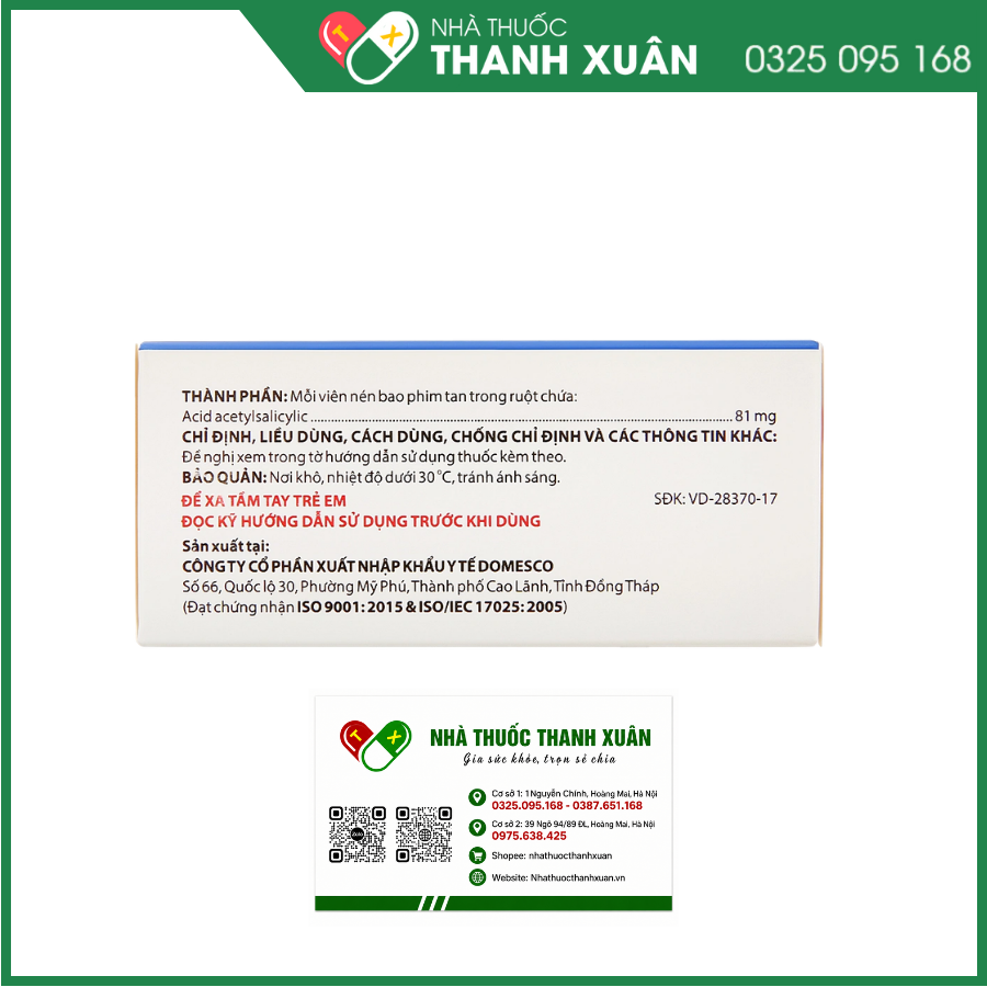 Thuốc Doaspin 81mg Domesco dự phòng huyết khối tim mạch và mạch não