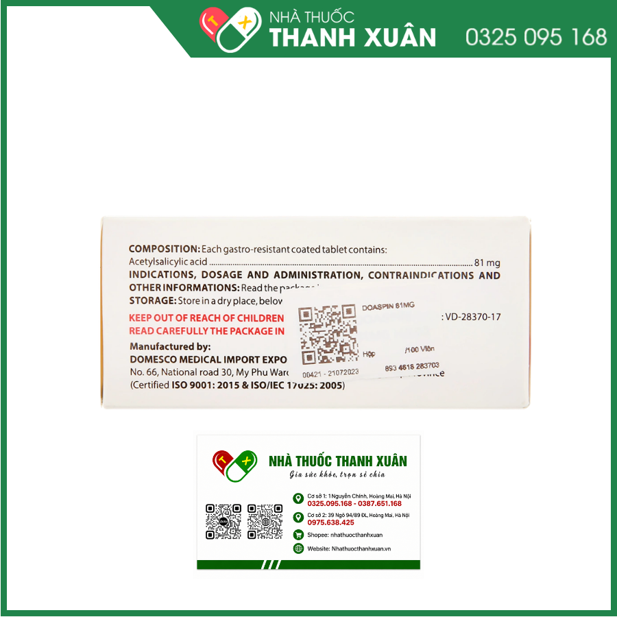 Thuốc Doaspin 81mg Domesco dự phòng huyết khối tim mạch và mạch não