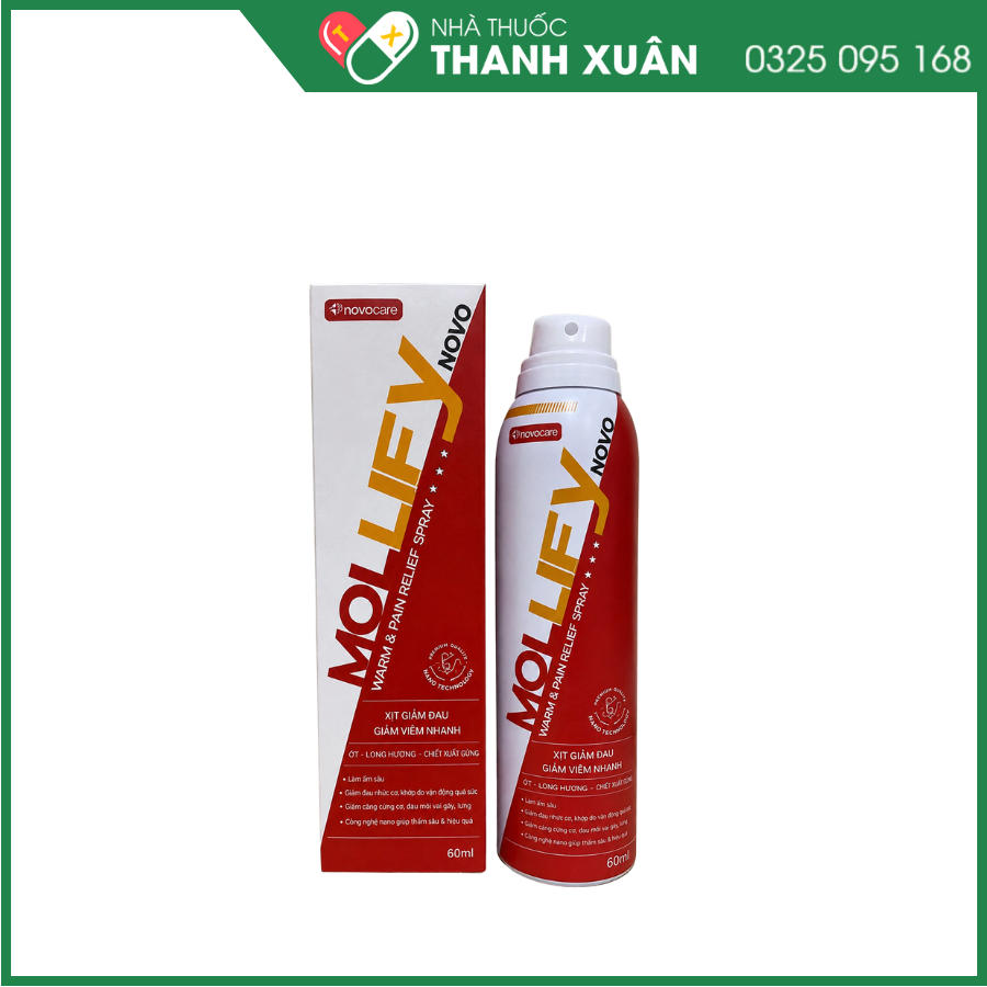 Xịt giảm đau – Giảm viêm nhanh Mollify Novo Warm &amp; Pain Relief Spray