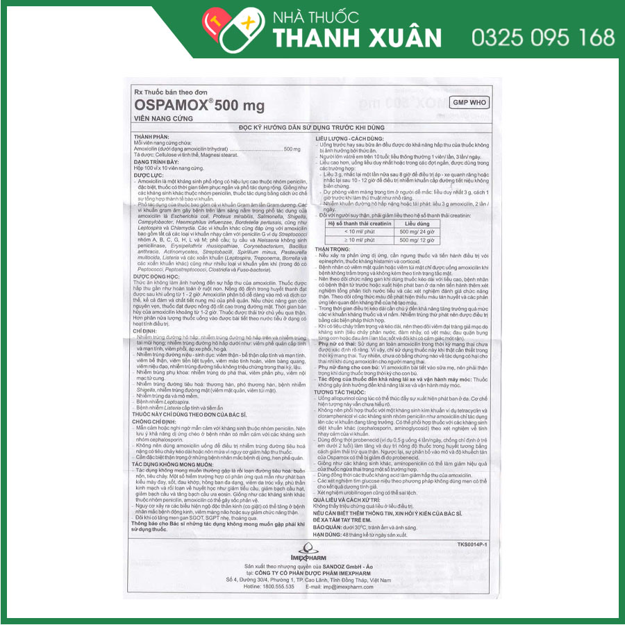 Ospamox 500mg điều trị nhiễm khuẩn hô hấp, nhiễm khuẩn da và mô, nhiễm khuẩn tiêu hóa, nhiễm khuẩn tiết niệu và sinh dục