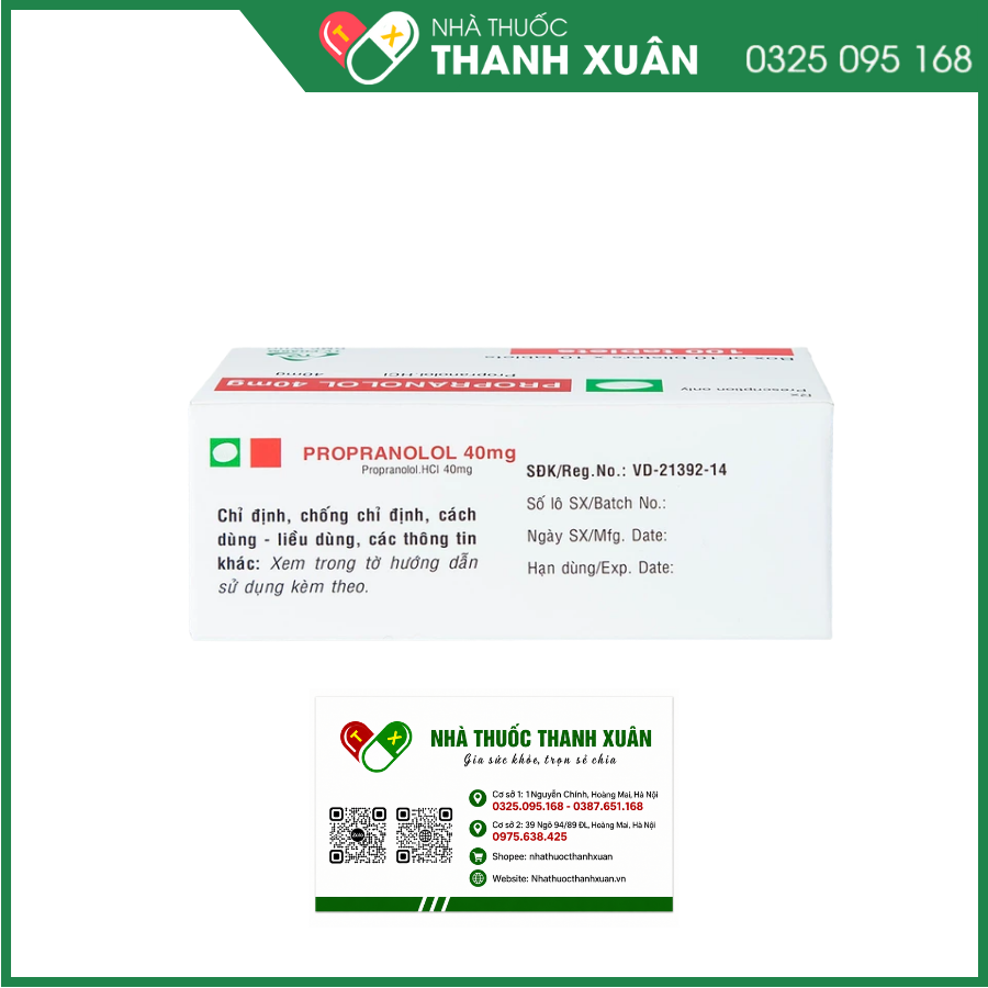 Propranolol TV.Pharm 40mg trị tăng huyết áp; đau thắt ngực do xơ vữa động mạch vành; loạn nhịp tim