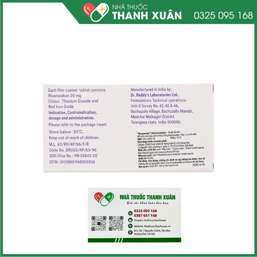 Thuốc Rivaxored 20mg Dr.Reddy's phòng ngừa thuyên tắc huyết khối tĩnh mạch