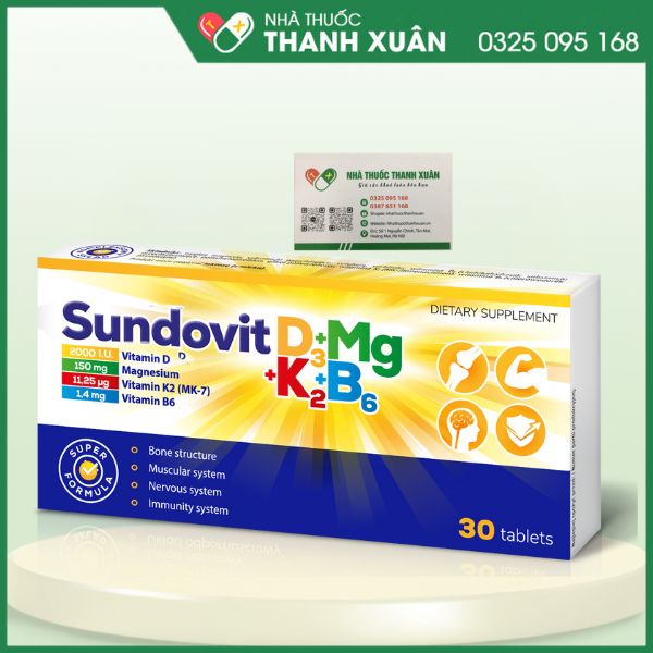 Thuốc Sundovit D3 + Mg + K2 + B6 hỗ trợ xương, răng phát triển