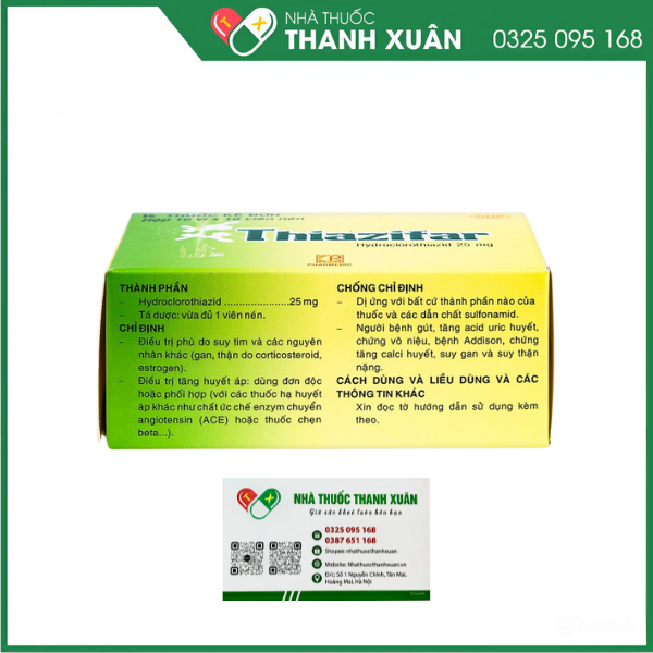 Thiazifar 25mg trị tăng huyết áp, phù do tim, do thận, gan