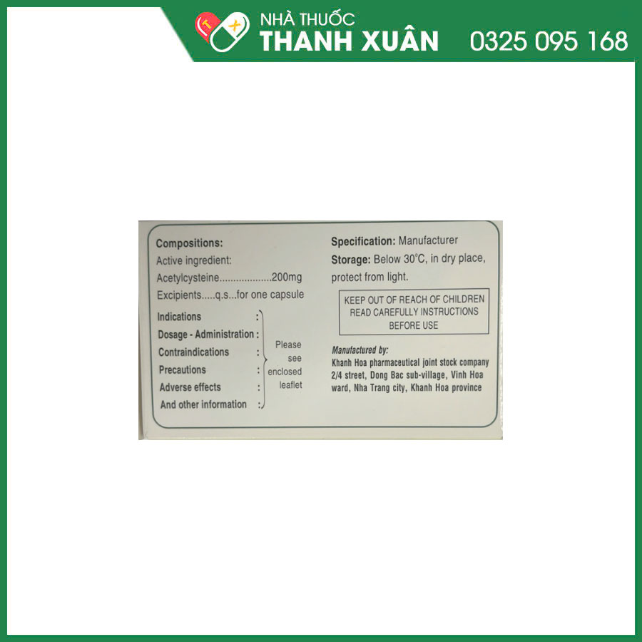 Acetylcystein 200mg thuốc giúp loãng đờm, tiêu chất nhày trong các bệnh lý đường hô hấp