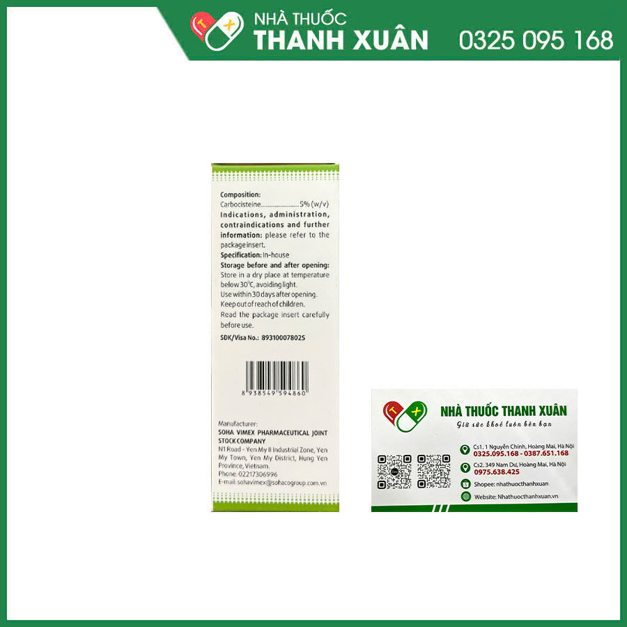 Sohacarbo 250mg/5ml điều trị bệnh lý tăng tiết đờm ở đường hô hấp