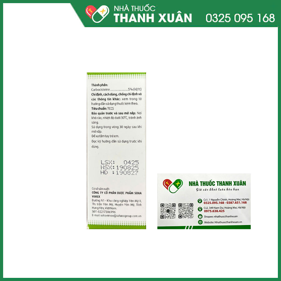 Sohacarbo 250mg/5ml điều trị bệnh lý tăng tiết đờm ở đường hô hấp