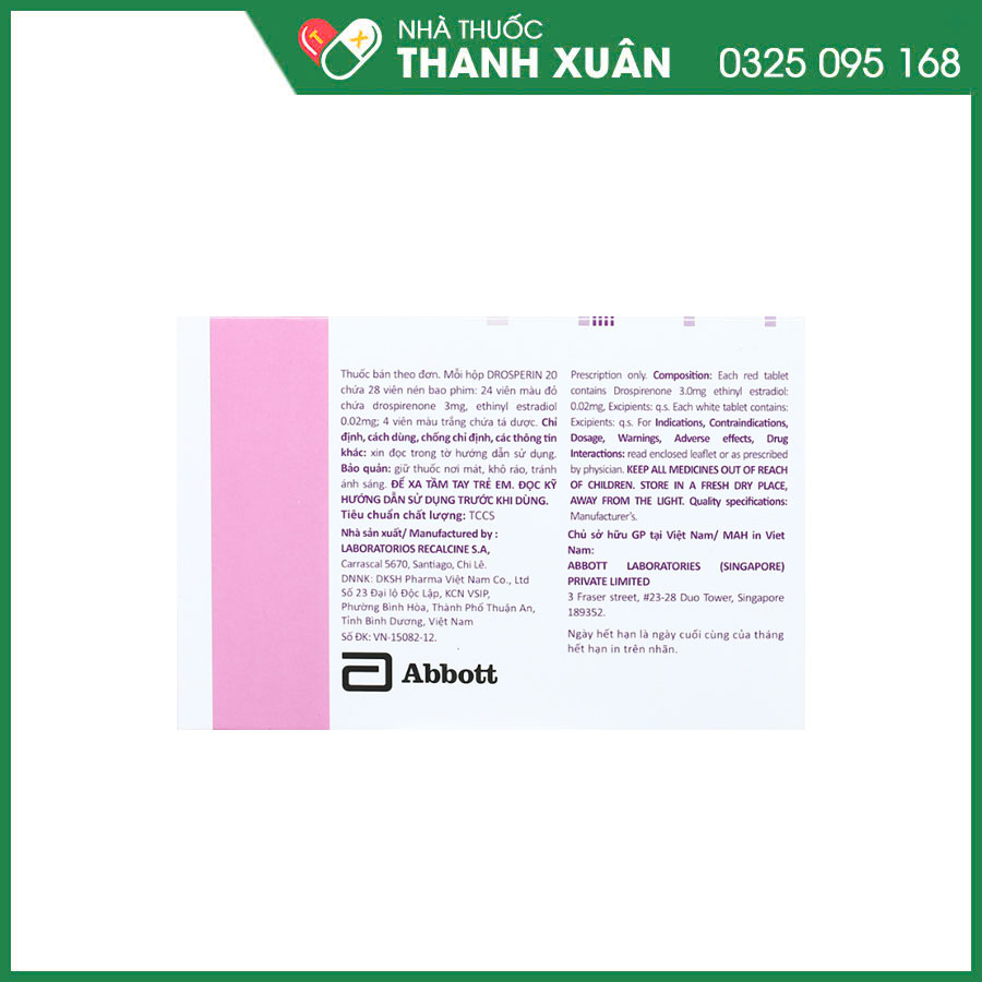 Drosperin® 20 thuốc tránh thai, điều trị các triệu chứng rối loạn tiền kinh nguyệt và mụn trứng cá