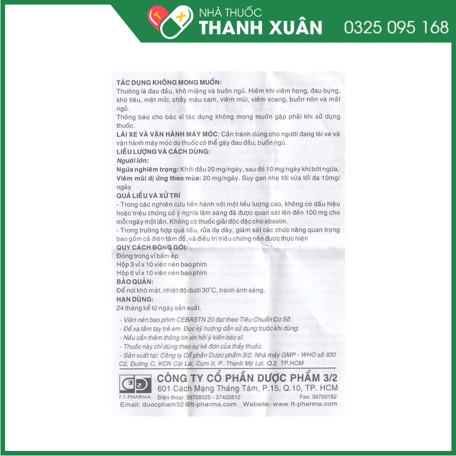 Cebastin 20 điều trị viêm mũi dị ứng, mẩn ngứa, mề đay mãn tính