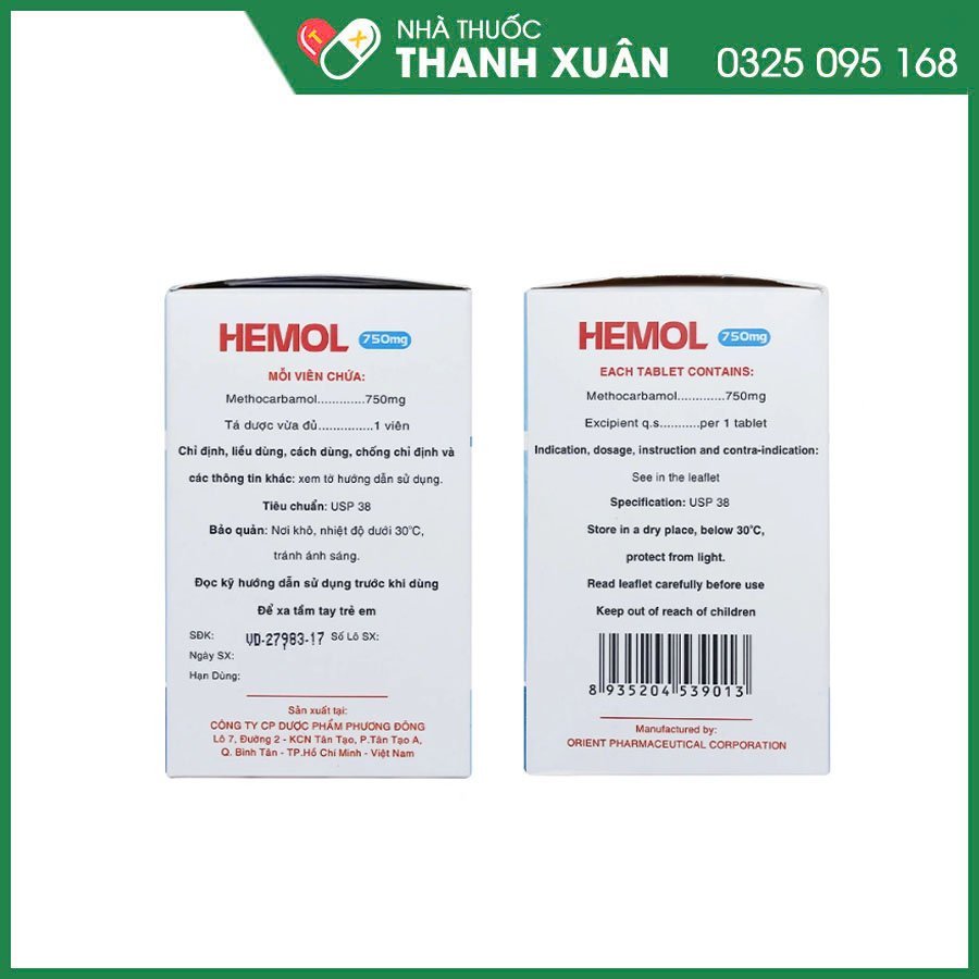 Hemol 750mg thuốc điều trị ngắn hạn rối loạn cơ xương cấp liên quan đến đau do co thắt cơ