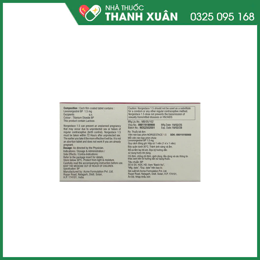Norgestace 1.5mg thuốc tránh thai khẩn cấp trong vòng 72 giờ