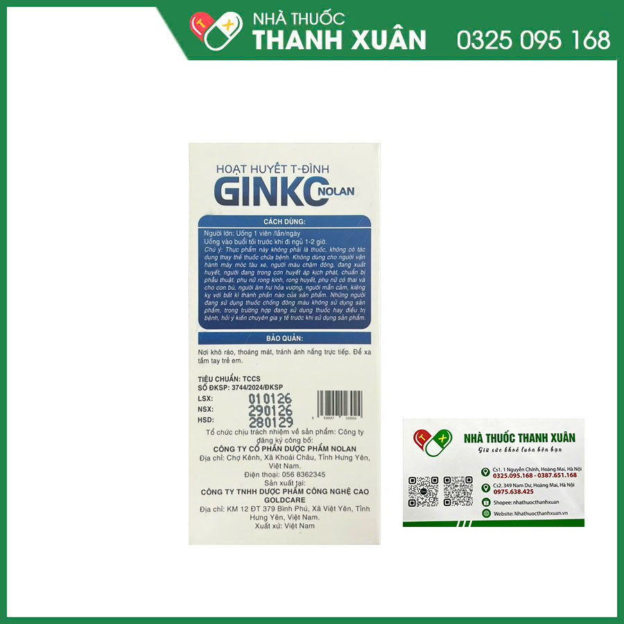 Hoạt huyết T-Đình Ginko Nolan tăng tuần hoàn máu não và phục hồi sau tai biến mạch máu não do tắc mạch