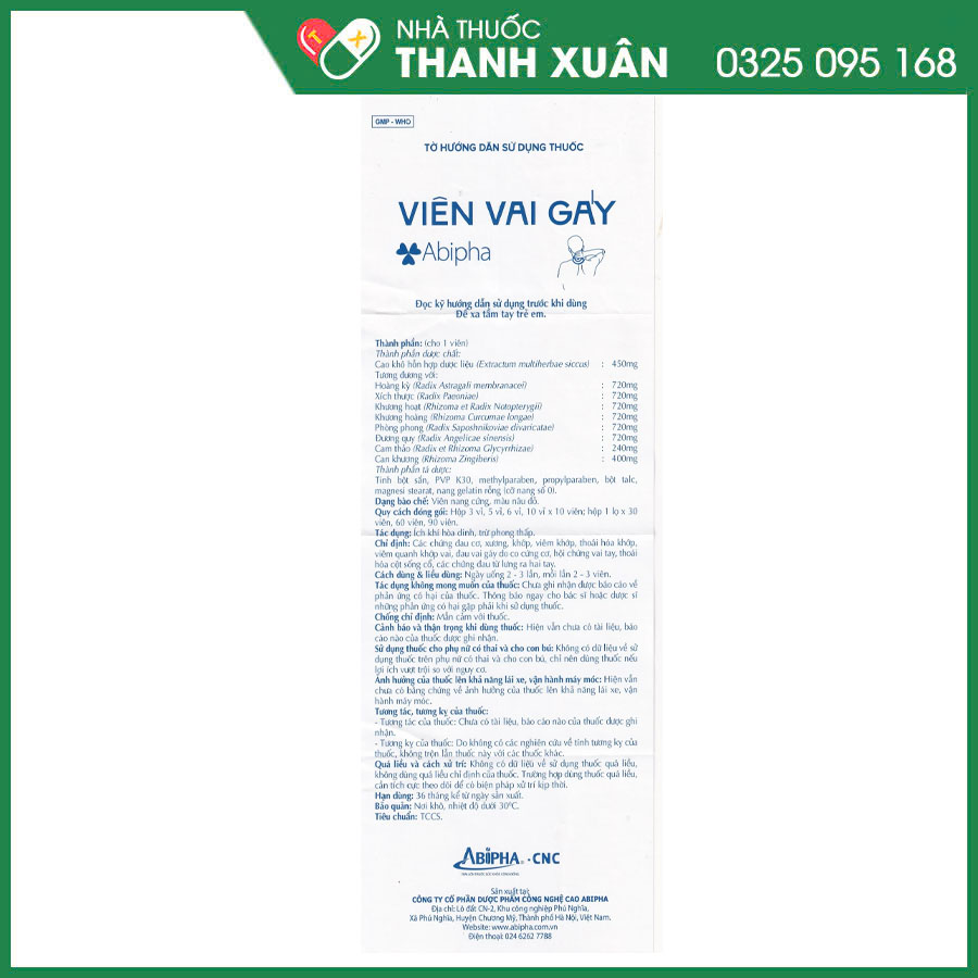 Thuốc viên vai gáy Abipha điều trị đau vai gáy, đau cơ, thoái hoá cột sống cổ