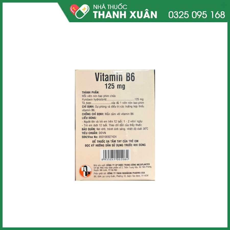 Vitamin B6 125mg giúp phòng và điều trị thiếu hụt B6 và nhiễm độc isoniazid hoặc cycloserin